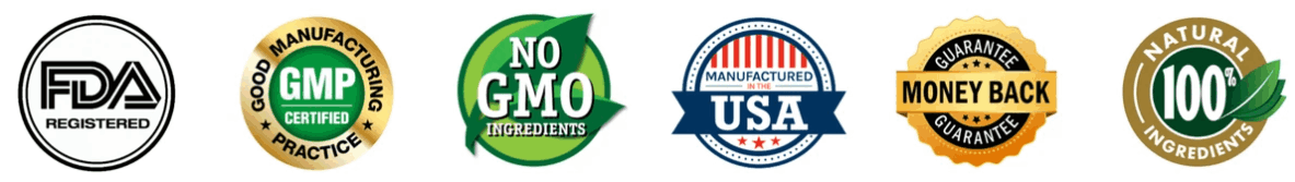 Lymph Tonic quality badges showing GMP certification, non-GMO ingredients, USA manufacturing and money back guarantee